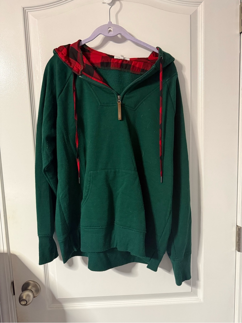 Green Hooded Pullover Sweater with Red Plaid Trim
